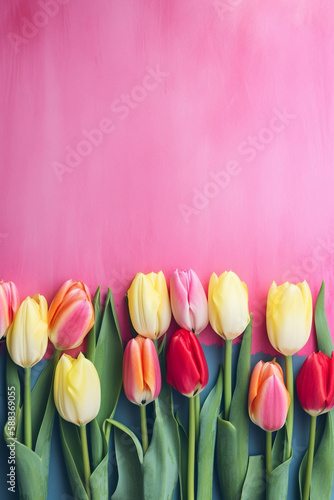 Fresh tulips flat lay border background with copy space for text. Mothers day or celebration card template. Generative AI
