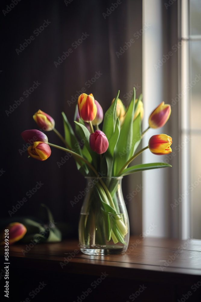 Fresh tulips flowers in glass vase on home table. Celebration gift or Mothers Day. Generative AI Fresh tulips flowers in glass vase on home table. Celebration gift or Mothers Day. Generative AI