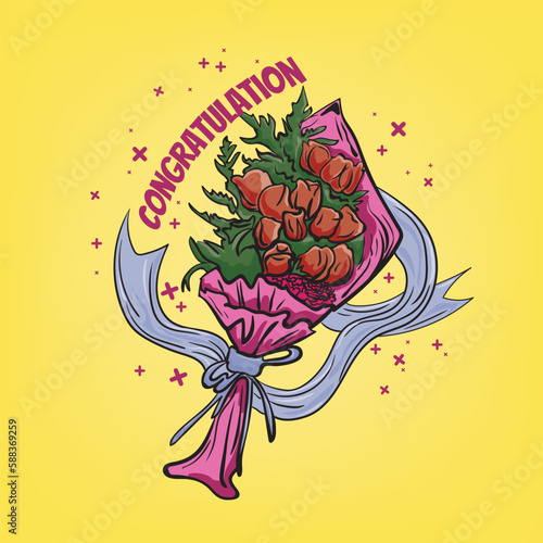 Congratulation flower bouquet vector on yellow color.
