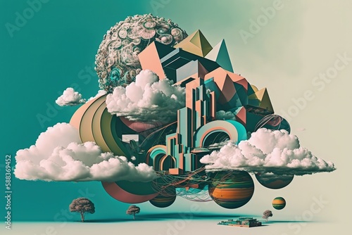 Computer clouds surreal utopia created with Generative AI 