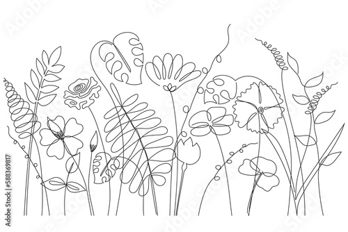 Silhouettes of wild flowers from simple lines on a white background. Design for logo  flyer  brand book. Line art