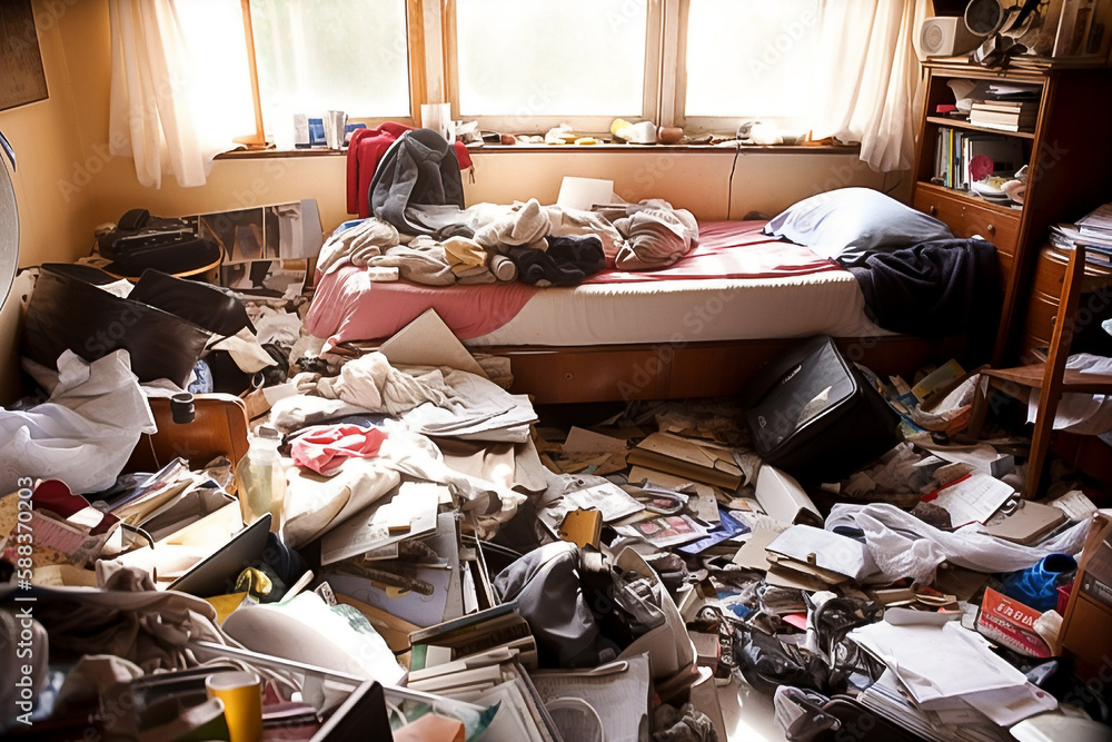 messy room. compulsive hoarding disorder concept. generative AI - obrazy, fototapety, plakaty 