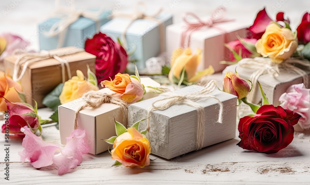 Festive floral composition with craft paper gift boxes, Valentine's day, Womans day, mothers day greeting card, generative AI Festive floral composition with craft paper gift boxes, Valentine's day, Womans day, mothers day greeting card, generative AI