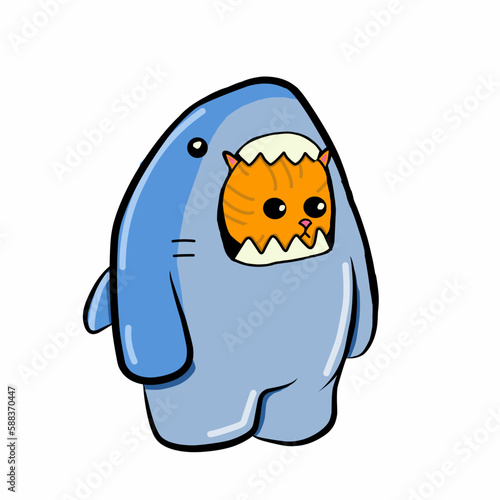 funny sticker picture of an orange cat in a fierce blue shark costume