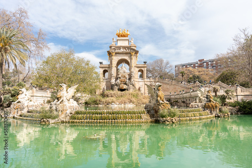 Parc de la Ciutadella in Barcelona Spain with a water fountain and grand sculpture