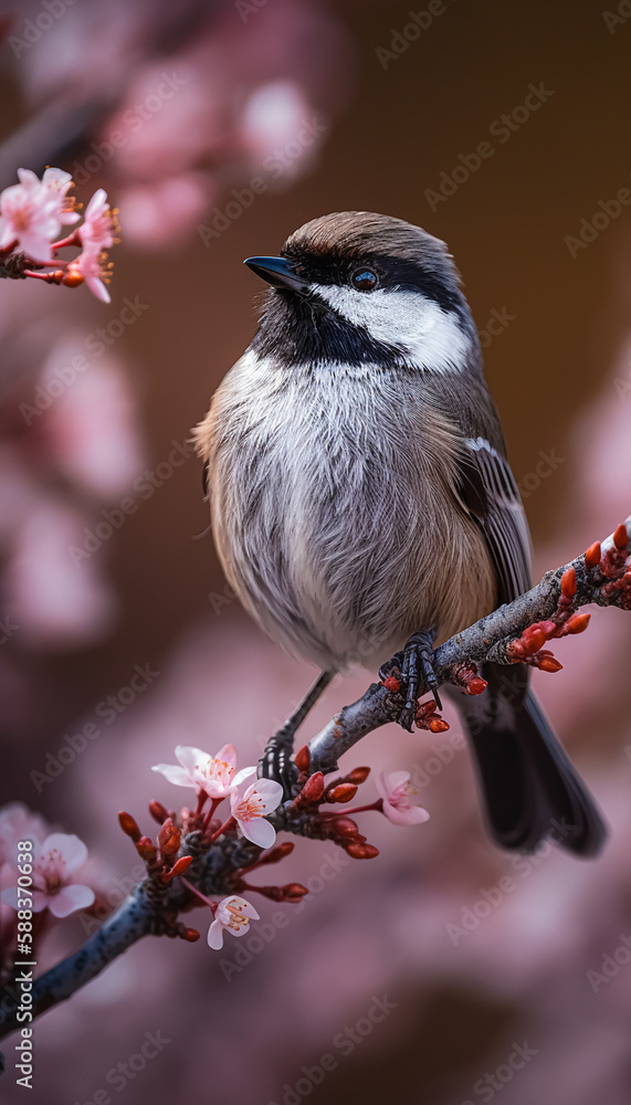 Naklejka premium Photo of a colorful mountain Boreal Chickadee sitting on a branch. Generative AI