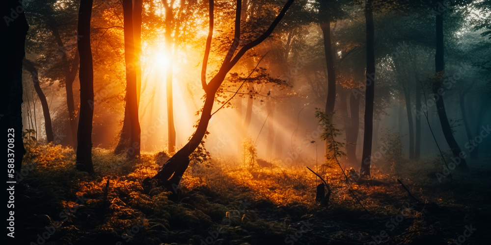 Obraz premium A forest with golden rays of the sun breaking through the trees in the fog