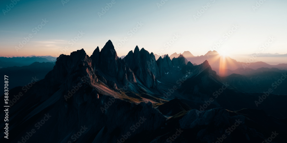 A majestic view of the peaks of the great mountains at dawn