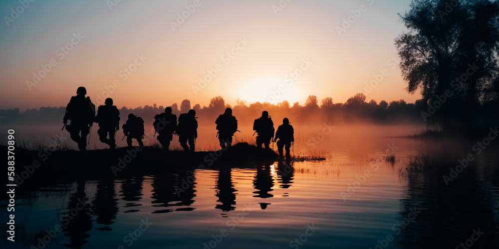 A silhouette of soldiers training on a playground by the lake