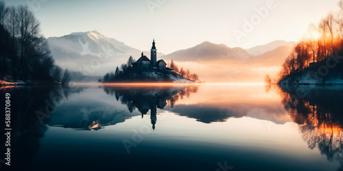 A calm winter sunrise on the lake. The church is in the background © v.senkiv
