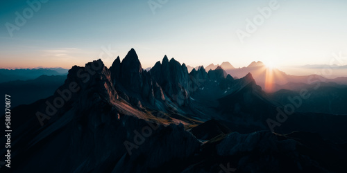 A majestic view of the peaks of the great mountains at dawn