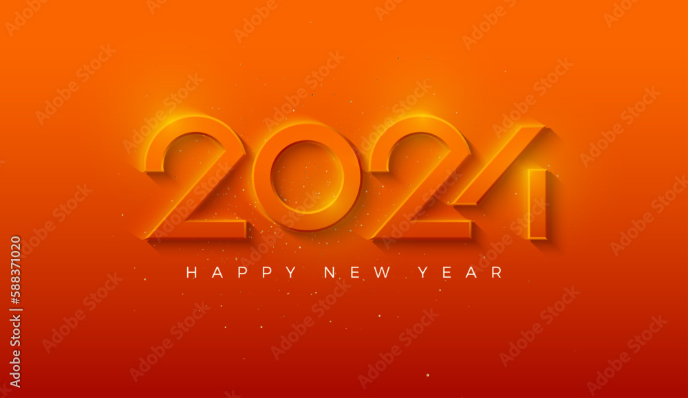 Modern and 3D Design Happy New Year 2024 with orange numbers in the background orange premium design for speech, banners, posters, calendar or social media posts.