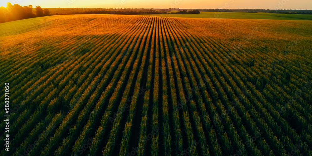 An aerial view of a corn field. Aerial drone footage of a corn field at sunset