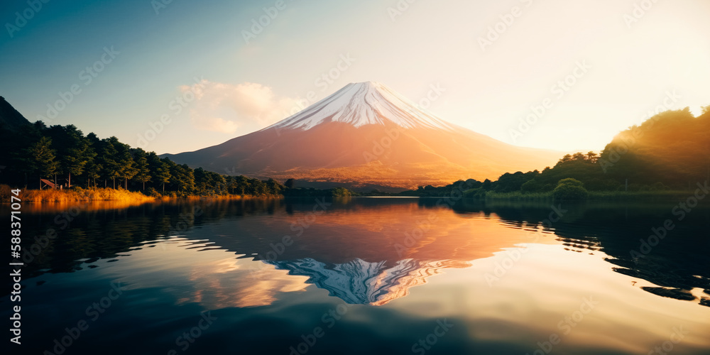 Beautiful picturesque landscape of a mountain on a lake with a twilight sky