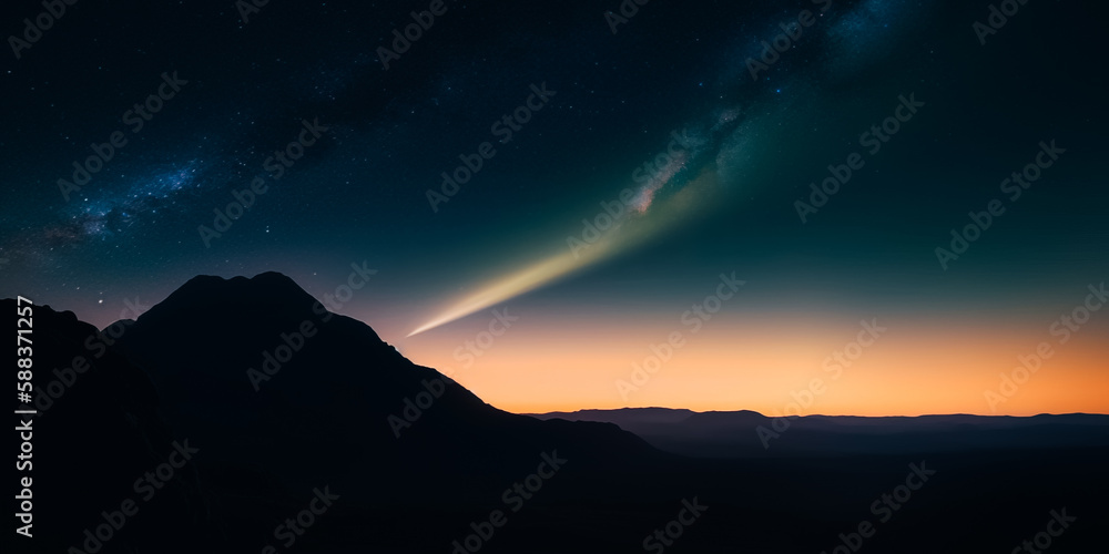 Comet Neowise in the starry night sky in the mountains