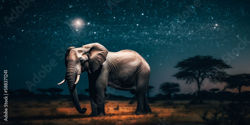 Elephant under the stars walking under the night sky in the park