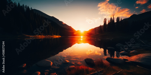 Epic sunset on the lake. Gorgeous landscape