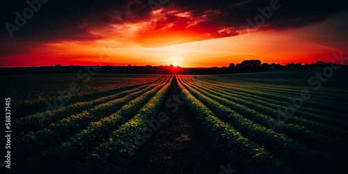 Fields of agricultural fields at sunset