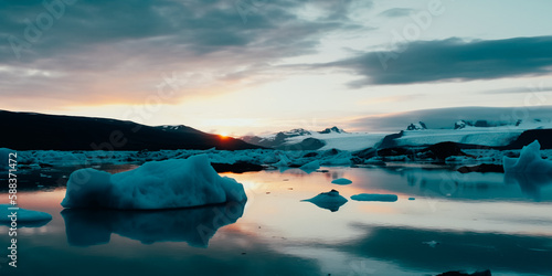 Glaciers at dawn. Winter landscape
