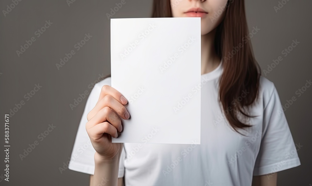 Hand holding white blank paper sheet mockup, generative AI Hand holding white blank paper sheet mockup, generative AI