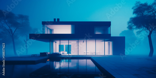 Minimalist blue architectural house at dusk © v.senkiv