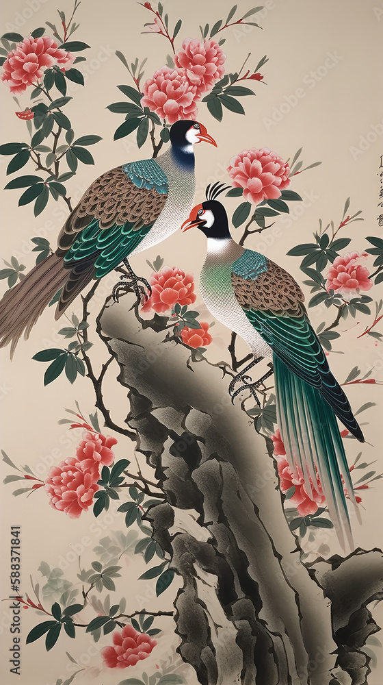 Chinese style art illustration birds Generative AI