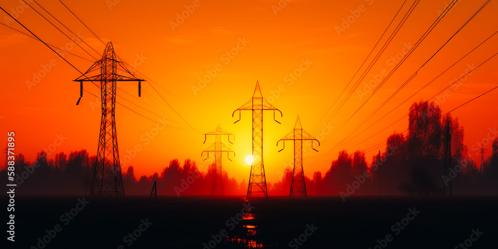 The silhouette of a high-voltage power pole at sunset at dusk
