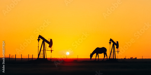 Silhouette of two oil pumps on the background of beautiful yellow sunset sky