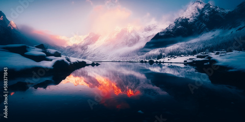 Mountain lake with perfect reflection at sunrise