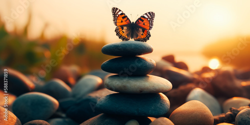 The concept of harmony in life. Surreal butterfly on the stonework in the garden. A metaphor for the balance between nature and technology