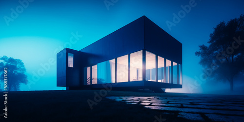 The minimalist blue architectural house is a luxurious blue colour. Fog at dusk