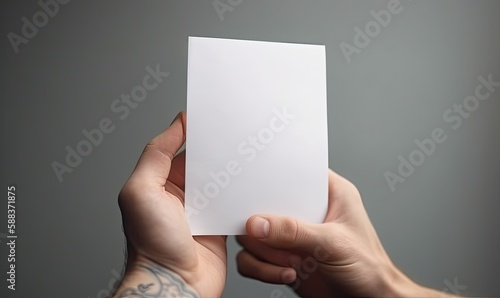 Hand holding white blank paper sheet mockup, generative AI