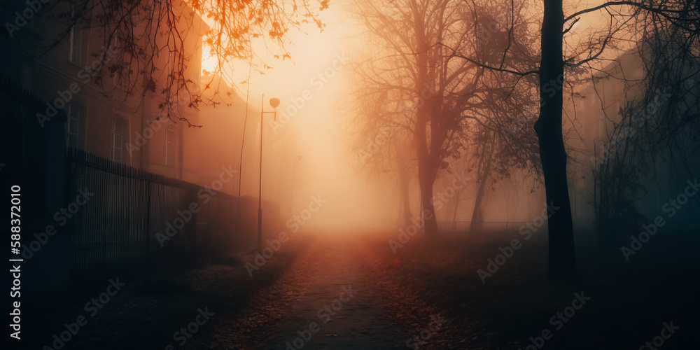 Twilight in a city park or forest. Thick fog over empty alleys