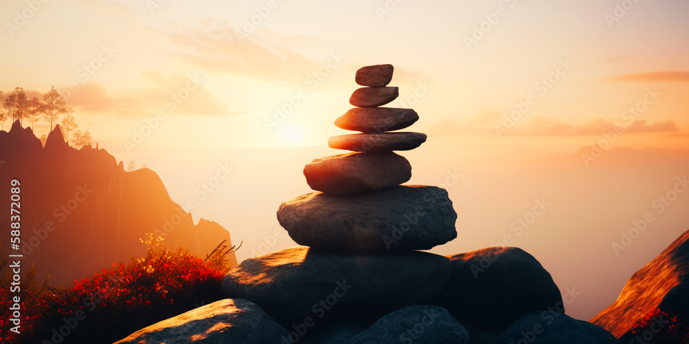 Zen Rock stack balance with sunlight
