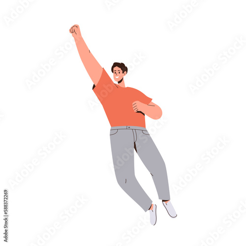 Young man freelancer worker employee flying like superman in air isolated on white background