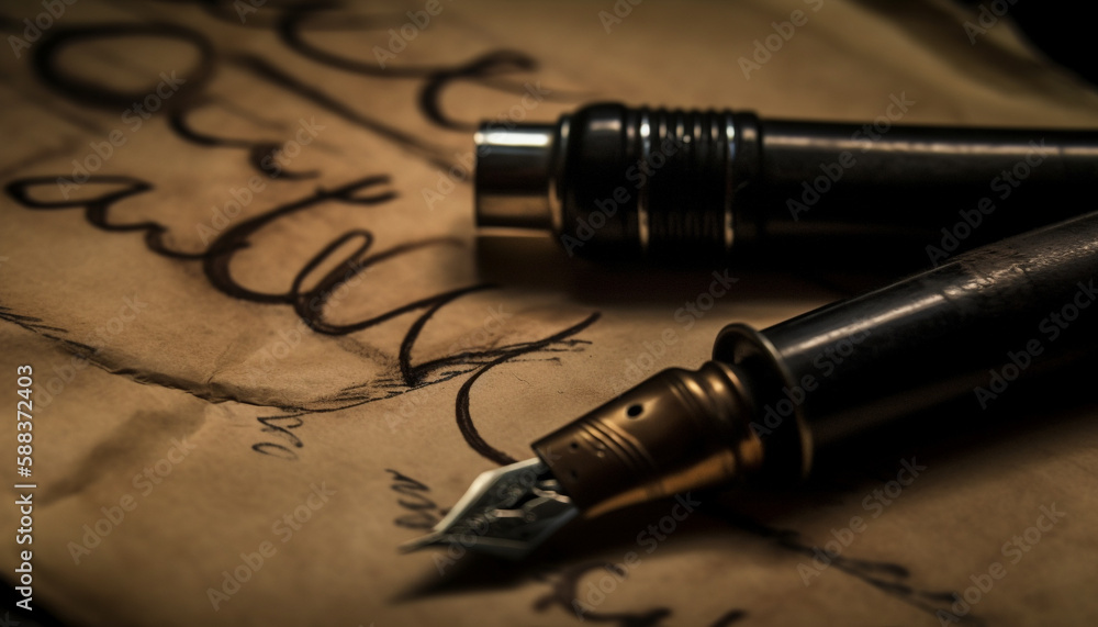Fototapeta premium Antique fountain pen writes calligraphy on parchment generated by AI