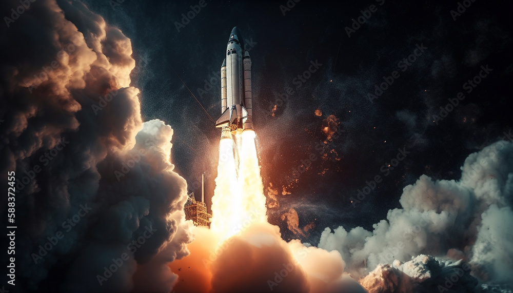 Obraz premium Flames ignite as spacecraft soars towards galaxy generated by AI
