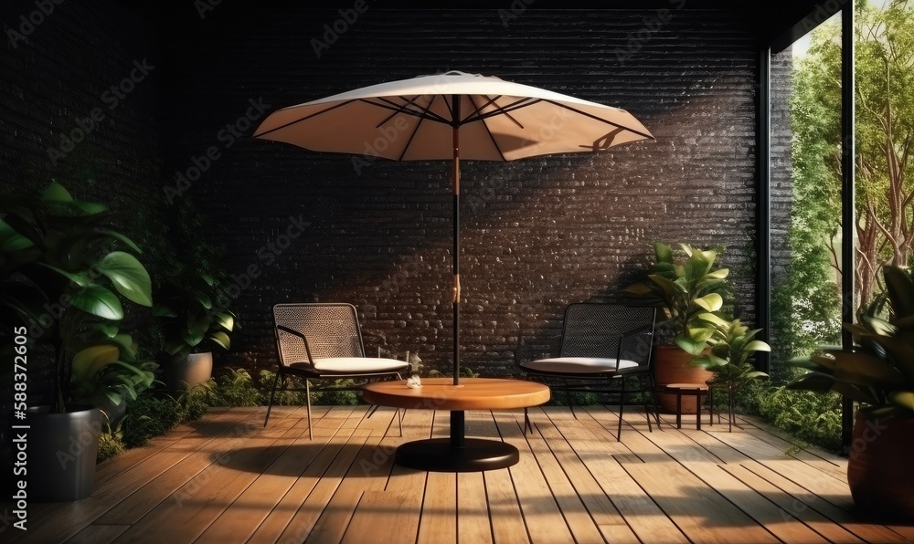 Outdoor terrace area of modern, luxury tropical brown cafe with vertical plant, generative AI