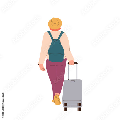 Woman tourist cartoon character walking with suitcase luggage view from back, travel concept
