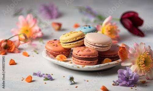 Tasty macarons and flower on light background, generative AI