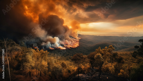 Burning forest fire creates inferno in nature generated by AI