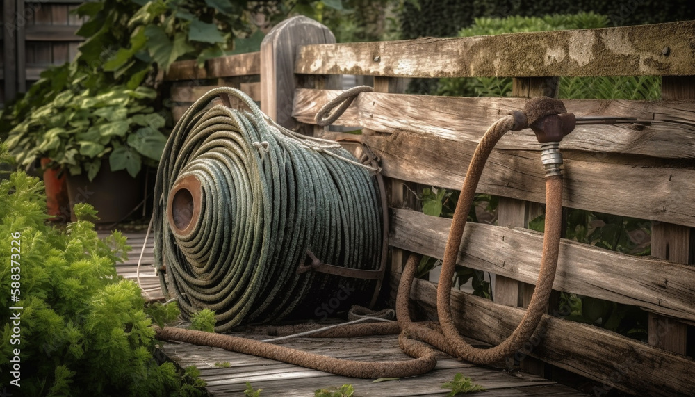 Rope tied to weathered wheel on plank generated by AI