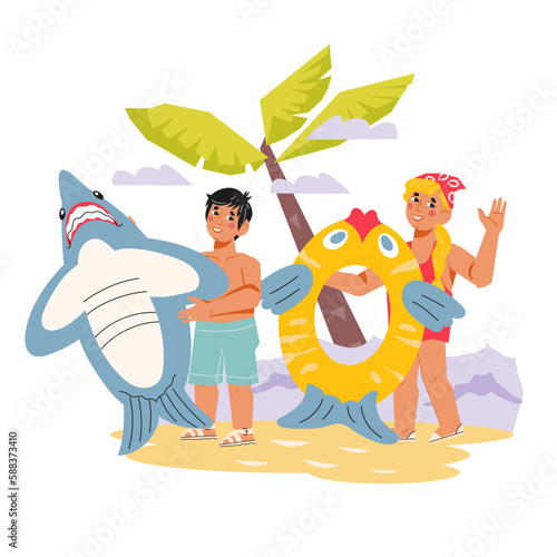 Children boy and girl going to swim in the sea and play in water. Kids with inflatable rubber toy on seashore or beach, flat vector illustration isolated on white background. Summer vacation.