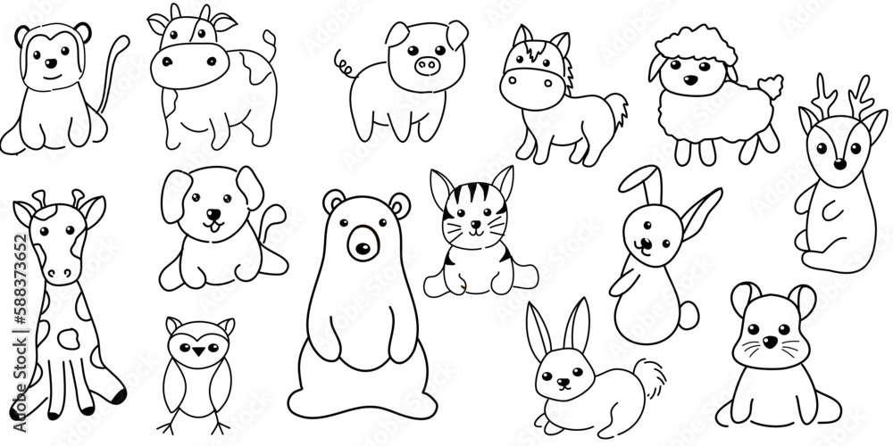 Cute animals cartoon doodle collection in different poses in free hand drawing vector illustration style.