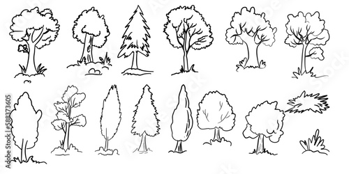 doodle park forest conifer abstract silhouettes outlined trees in black color collection set