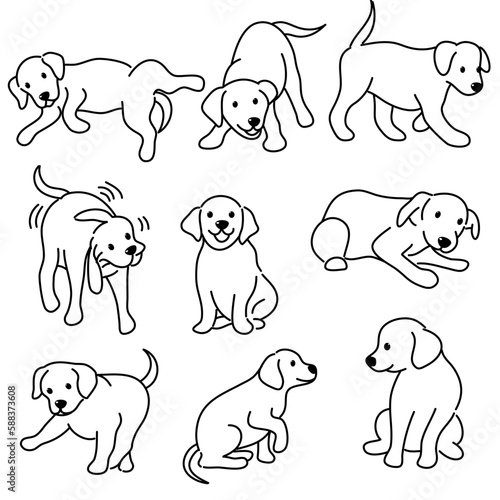Doodle Cartoon dog illustration set in different poses. Cute sitting, running and lying vector dog isolated on white background
