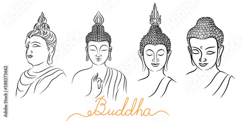 Freehand Drawn Buddha in Various Serene Poses, Rendered in Doodle-Style Drawing with Outlines and Fine Lines to Convey Spiritual and Meditative Qualities.