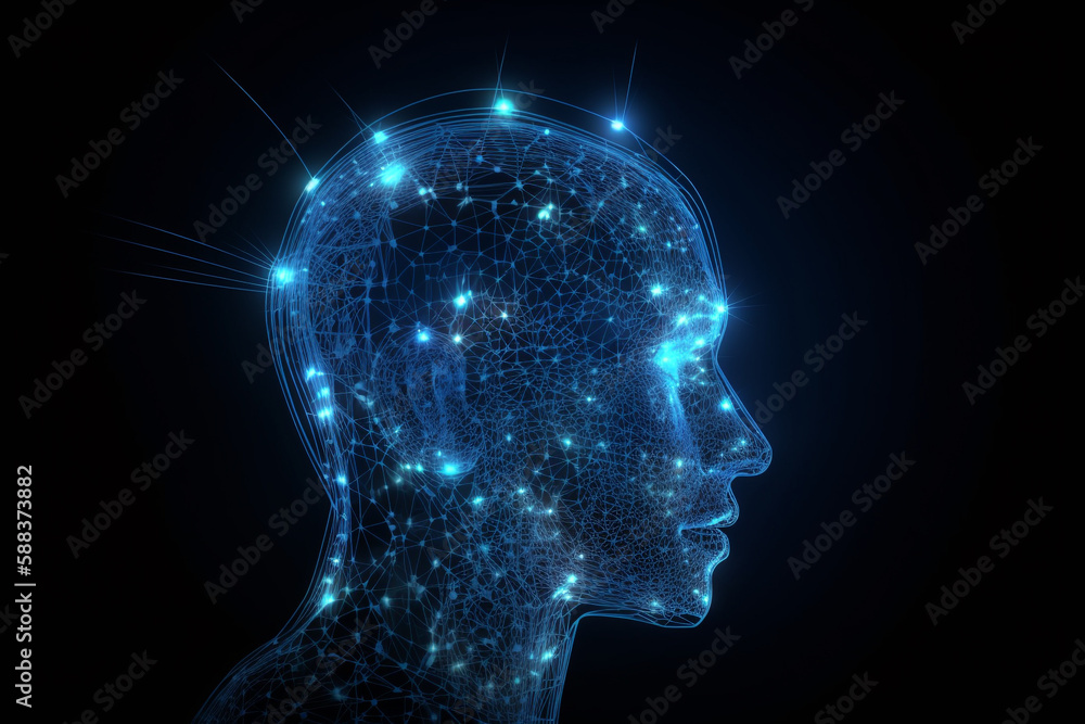 Abstract human brain neural network visualization. Science and technology concept. Blue man face silhouette with neural web visualization. Futuristic looking style. Generative AI