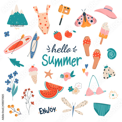Hello summer vector icon set. Summer collection of doodle elements: swimsuit, ice cream, camera, hat, watermelon, fruit. Vector illustration, clipart in flat cartoon style.