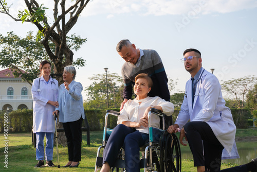 Doctor exams and giving hope to elderly patients in the nursing hospital. Elderly patients are relaxing in the park.